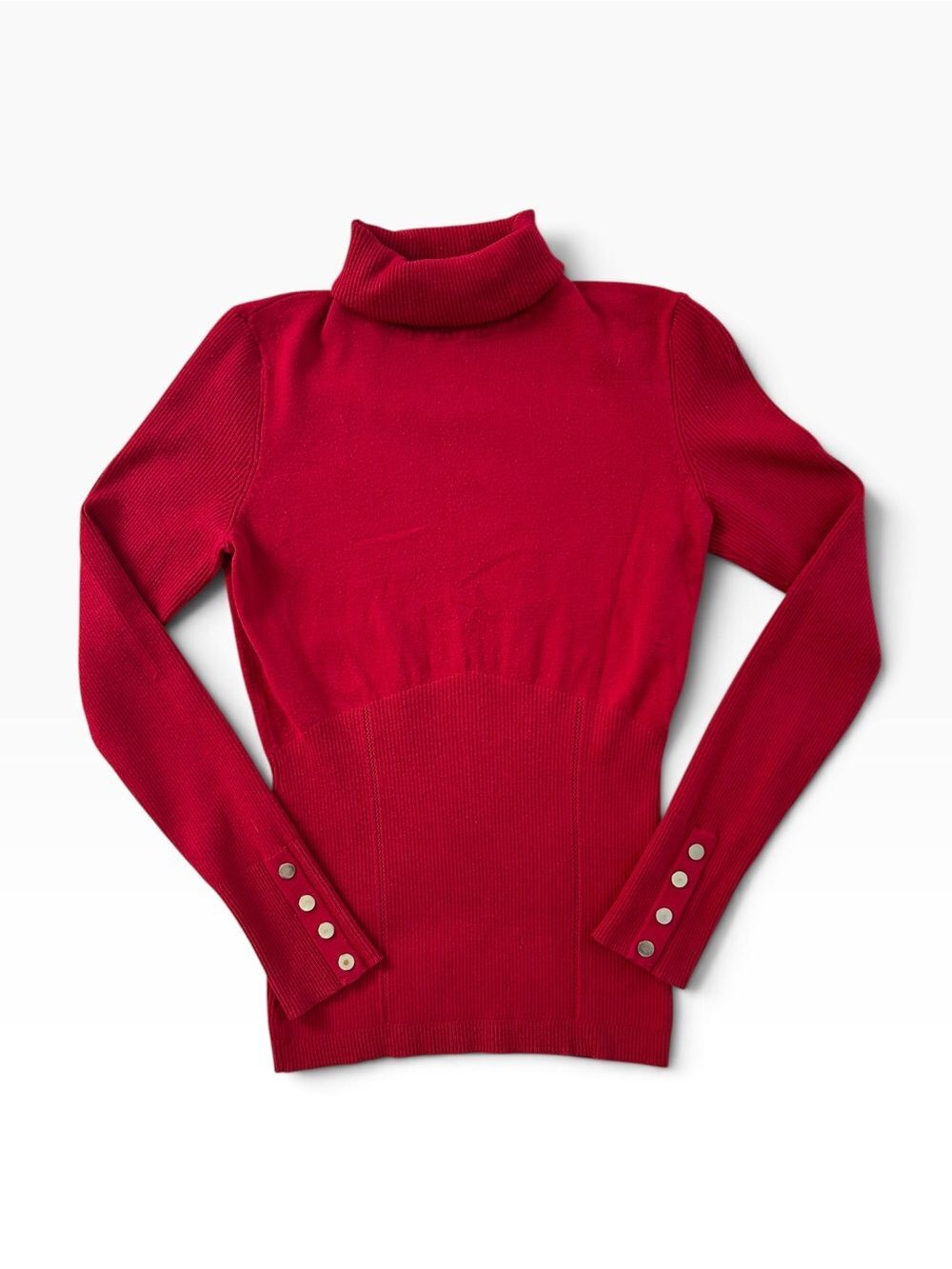 Red Fitted Turtleneck Sweater with Button Cuffs - Quiet Luxury Parisian